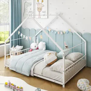Twin Size Metal House Bed Frame with Side Guardrails, White Iron Platform Bed for Kids, Sturdy Structure, Convertible Design for Bedroom or Playroom