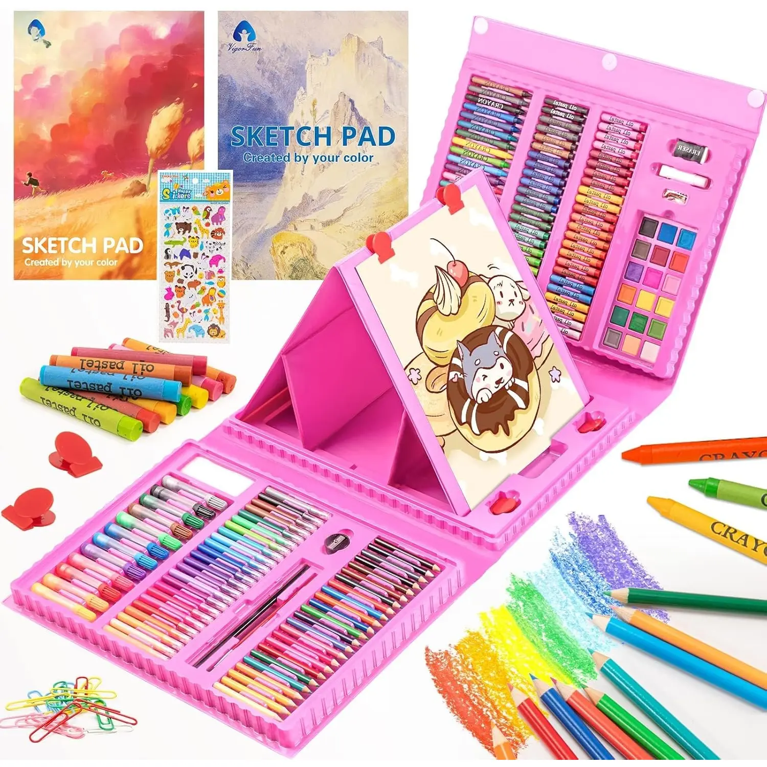 Art Supplies, 240- Drawing Art Kit, Gifts for  Girls Boys Teens, Art Set Crafts Case with Double Sided Trifold Easel, Includes Sketch Pads, Crayons, Colored Pencils (Pink)