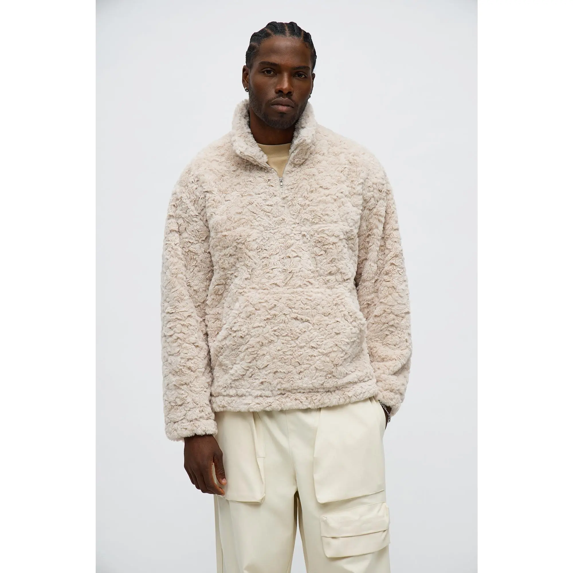 Relaxed Quarter Zip Faux Fur Jacket - Cream