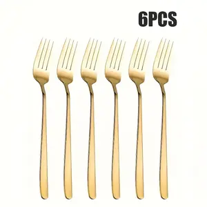 6-piece set of golden stainless steel salad forks, Korean-style meal forks, 19.2 cm long dessert forks, Utensils, mirror-polished, dishwasher washable, suitable for main courses, salads, ramen, desserts, home use and Korean restaurants