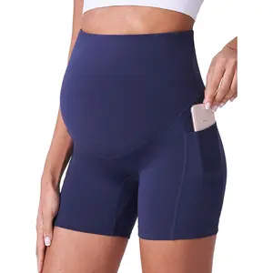 Women's 5" Over-Belly Maternity Biker Shorts - Quick-Dry Polyester Blend, Side Pockets, Maternity Clothing for Summer Workout, Yoga