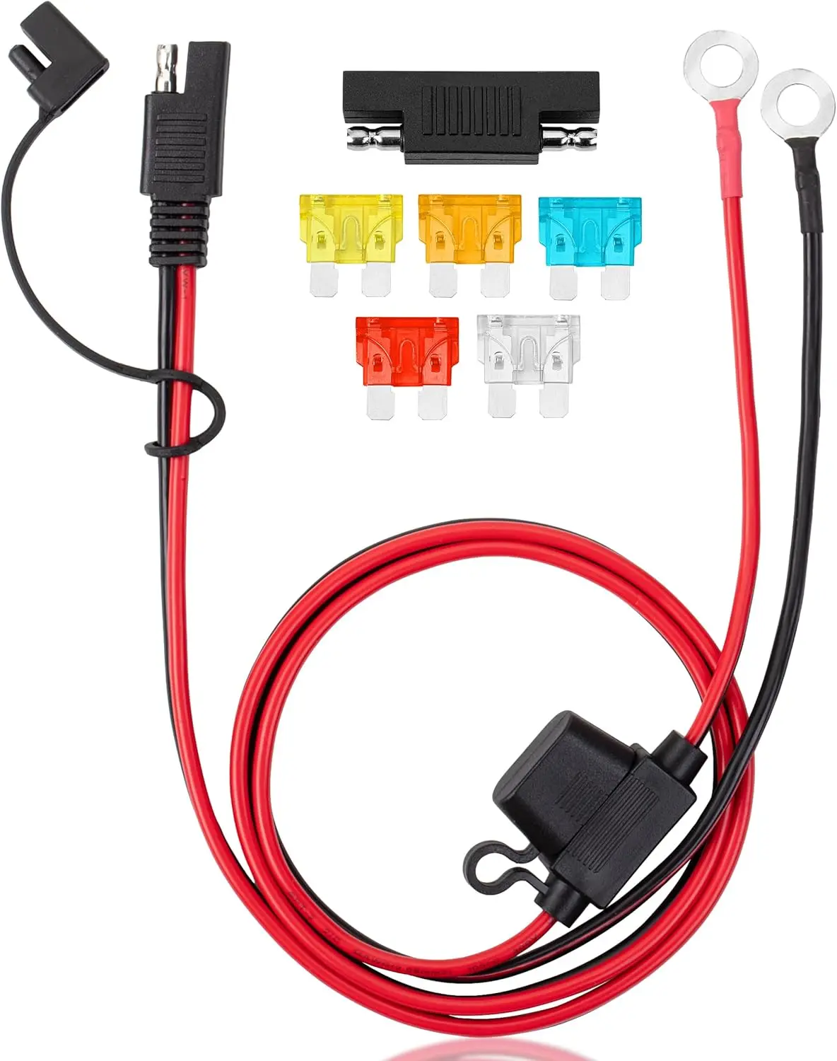 Bates- SAE Battery Connector, 3.3 FT, 14 AWG, SAE to O-Ring Harness with 5A-25A Protection Fuses & Polarity Reverse Adapter, 2-Pin Connector for Chargers, Maintainers, Solar Panels & Motorcycles