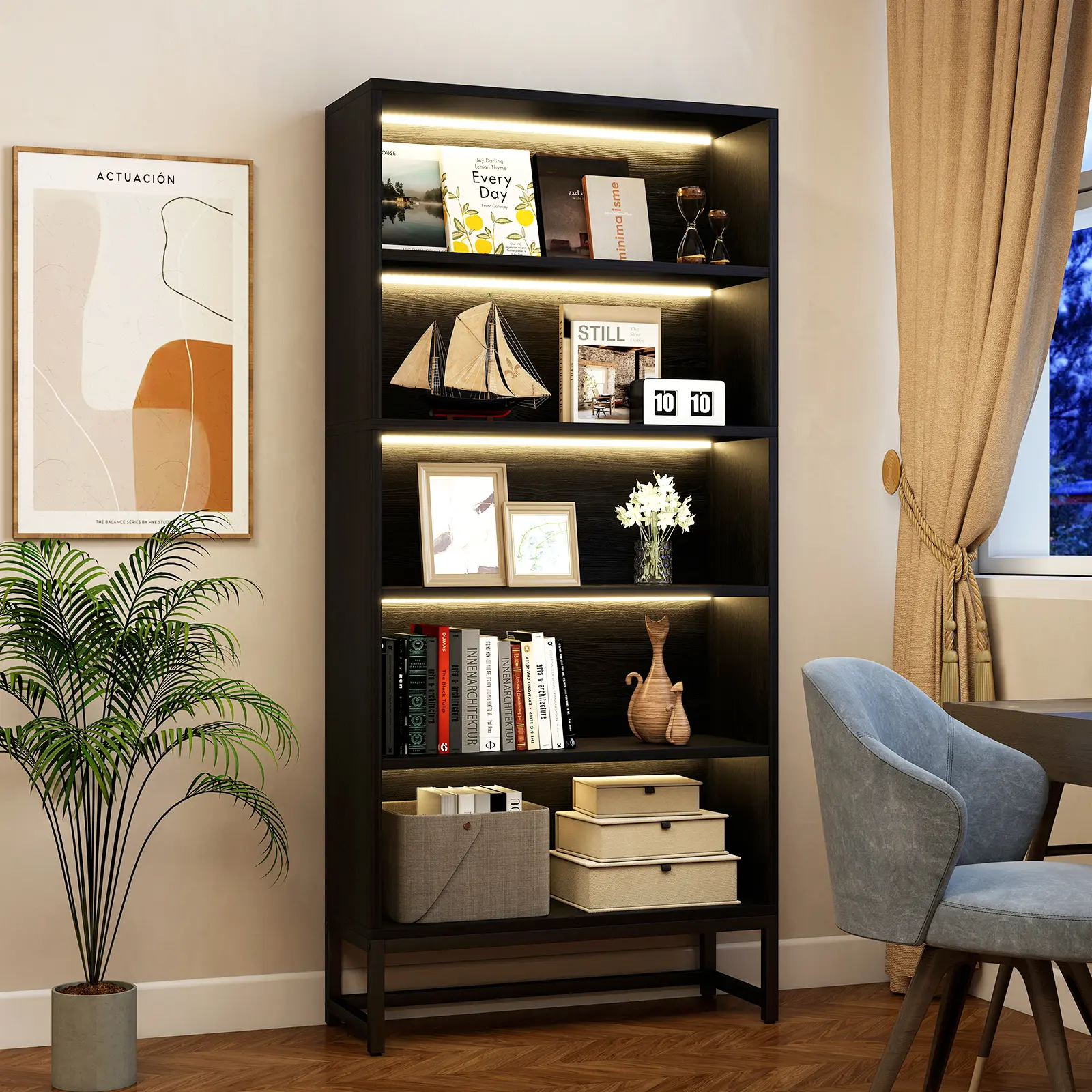Modern Tall Bookshelf with RGB LED Strip Lights - 5-Tier MDF + Metal Frame Open Shelves, 440lbs Total Capacity Book Storage Unit for Collectibles & Books