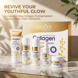 【5 PCS】Collagen anti-wrinkle firming travel  set: facial cleanser, toner, lotion, serum, cream; anti-aging and firming, moisturizing and smoothing, portable travel size, suitable for all skin types