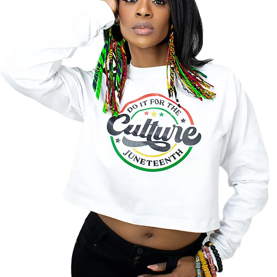 Women's White Crop Top Juneteenth Unisex Long Sleeve T-Shirt  | Juneteenth Tshirt | Women's Juneteenth Shirt | Cloth & Cord