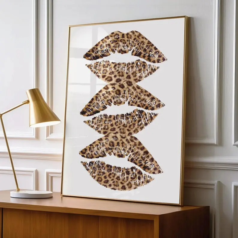 Leopard Kiss Wall Art, Cheetah Print Kiss Poster, Glam Trendy Dorm Bedroom Fashion Decor, Neutral Maximalist Artwork,UNFRA,ED