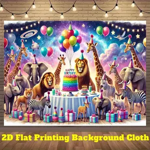 2D Flat, 1pc Animal Party Backdrop Banner - Vibrant Safari-Themed Polyester Wall Decor with Giraffes, Elephants, Lions, and Colorful Balloons for Indoor/Outdoor Celebrations, Birthdays, and Photo Shoots, Jungle Theme Decorations, Best for Christmas