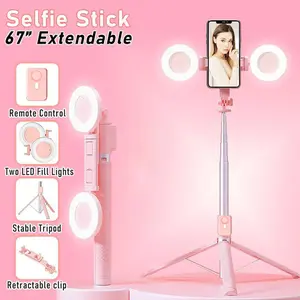 67 Selfie Stick Tripod with Ring Light 360°Rotation, Dual Fill Lights, Selfie Light，Wireless Remote for iPhone Android phone tripod for Vlog stand content Gifts