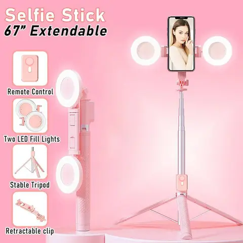 67-Inch Adjustable Portable Retractable Foldable Selfie Stick Tripod with 36LED Ring Glow, Dual Fill Lights, Bluetooth Remote Control, Camera Cable for iPhone, Android Mobile Phones & Smartphones | Vlogging Phone Accessory Ideal for Gifting