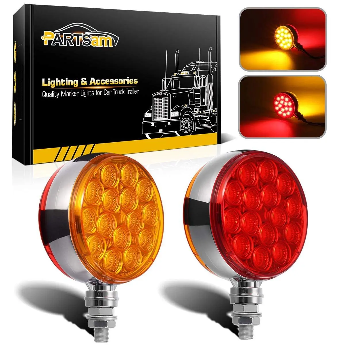 Partsam 2pc 3" Round Double Face Red/Amber 30 LED Pedestal Fender Lights Turn Signal Chrome Miro-reflex Sealed Replacement for Peterbilt/Freightliner/Western Star Trucks Semi Trailers, 10-30V
