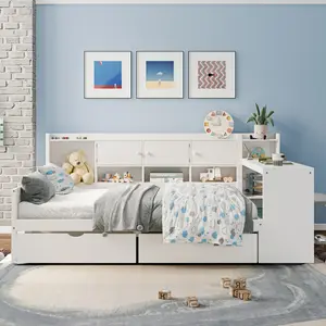 Full Size Daybed with Storage, Desk, Bookcase, Seven Cabinets and Two Storage Drawers, Multi-functional Wooden L-Shaped Bed with Study Desk and Built-in Bookshelf, No Box Spring Needed
