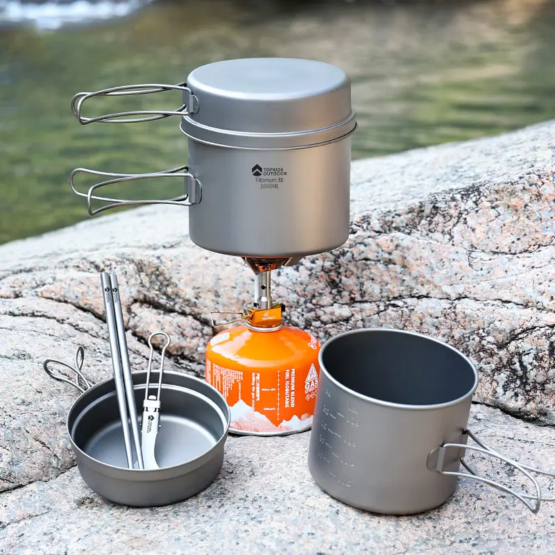 Compact Titanium Cookware Set, Lightweight 2-Piece Pot and Pan with Foldable Handles for Backpacking and Camping, Hiking