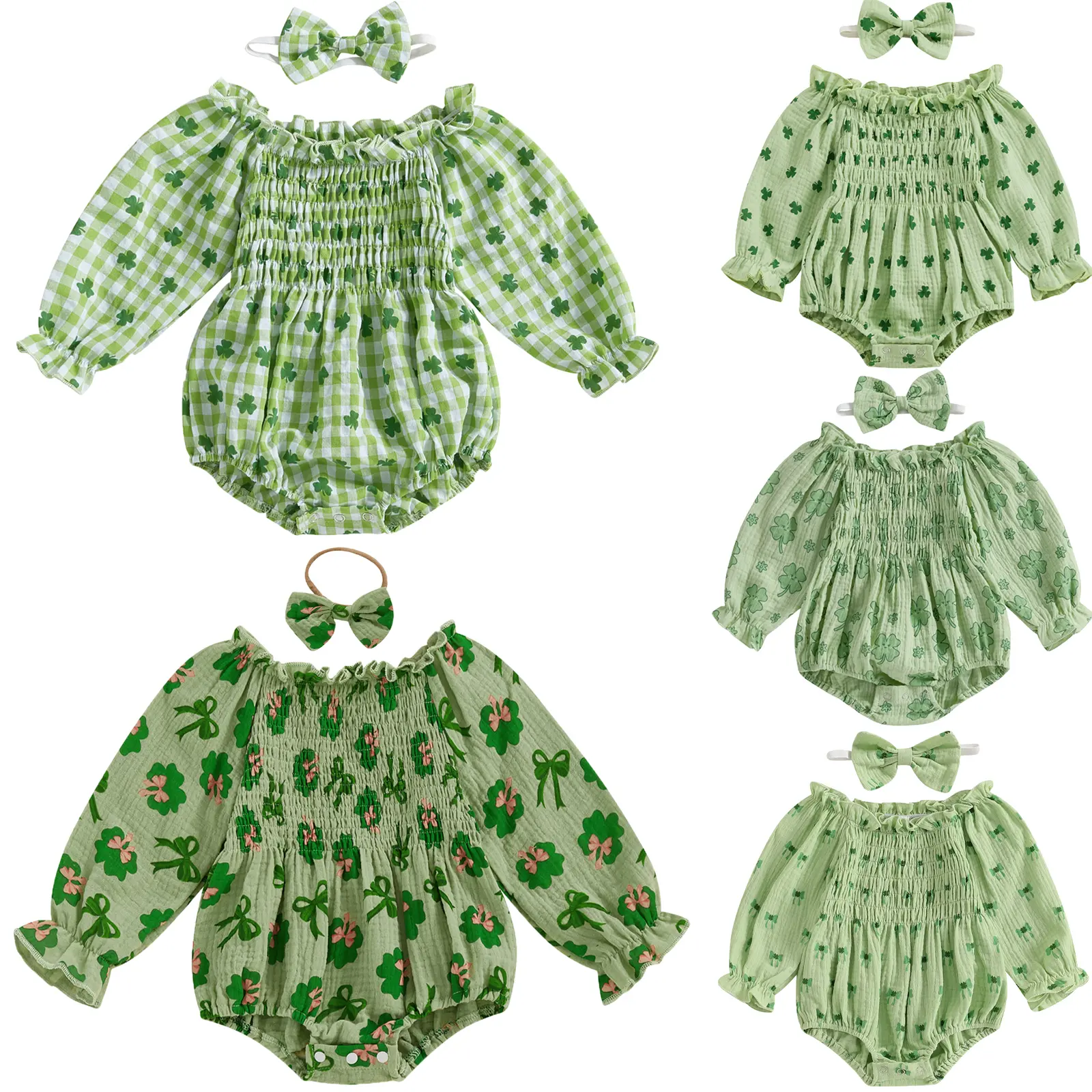 Babamoon Newborn Baby Girl St. Patrick's Day Romper Sweatshirt - Long Sleeve, Off-Shoulder, Oversized Bubble Bodysuit with Shamrock Print, Baby Clothes, Girls Outfit