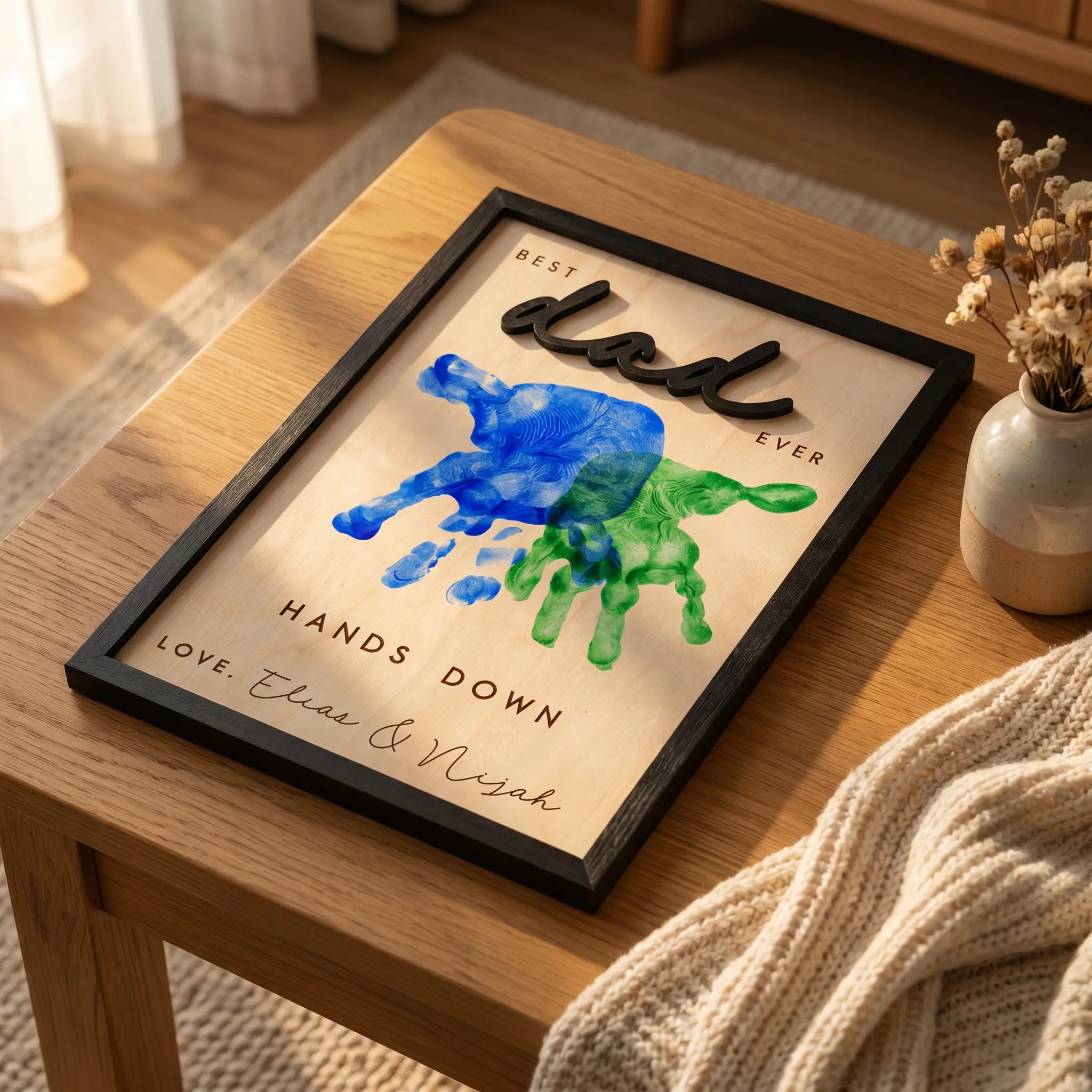Wooden Rectangular DIY Handprint Photo Frame Decor - Engraved "Best Dad Ever" Text, Personalized Room Decor Gift from Kids for Dad, Ideal for Father's Day, Birthday Presents-MM1, Engraved Text