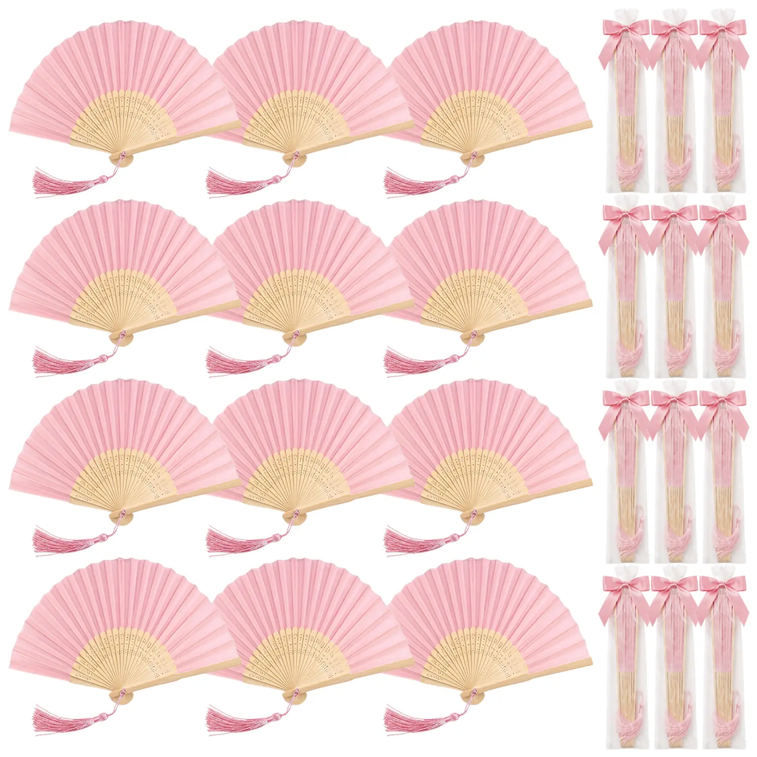 Pink Lightweight Handheld Folding Fans Pack (48 Pcs/12 Sets) with Satin Pre-Tied Ribbon Bows, Twist Ties, Tassels & Organza Bags, DIY Wedding Favors Kit for Bridal Shower Guests (Decor, Photo Use, Assembly Required)