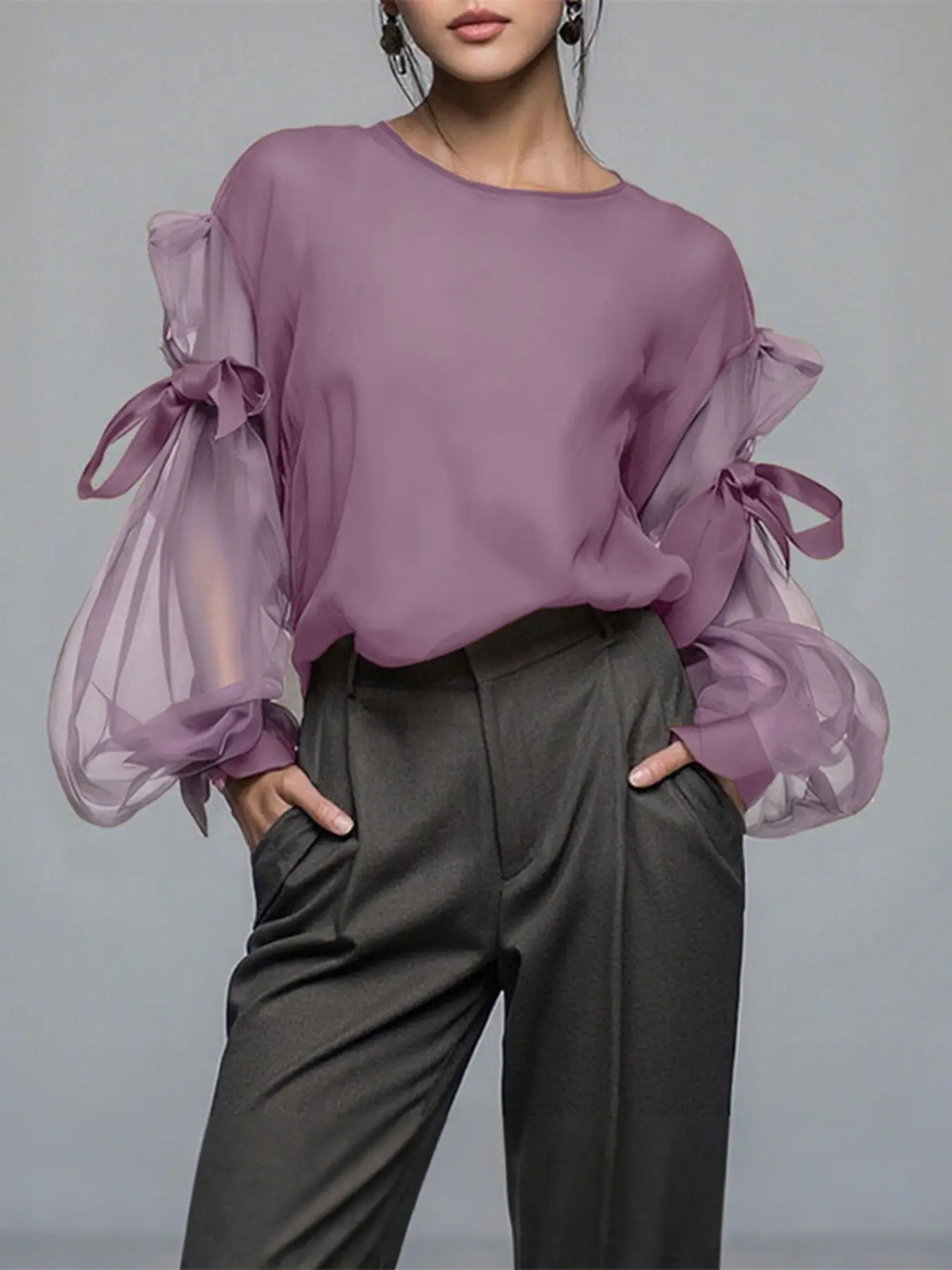 Elegant Chic Round Neck Puffed Lantern Sleeve Tie Waist Long Sleeve Top Fit, Sheer Mesh Patchwork Solid Color Basic Casual Commuter Blouse, Women's Fashion Shirt
