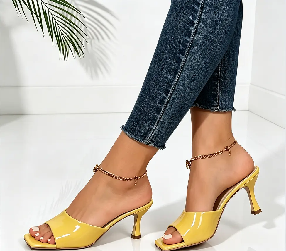 Women’s Pointed-Toe Glossy Thin-Heel Slip-On Mule Sandals, Single Strap Walking Footwear with Anti-Slip Rubber Sole for Outdoors, Walking Shoes