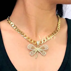 14K Gold Plated Cuban Link Chain with Dragonfly Pendant 8mm Beautiful Chain with Zircon Plated Pendant. Electro-Laminated Jewelry. Every Day Use Premium 14K Gold Plated