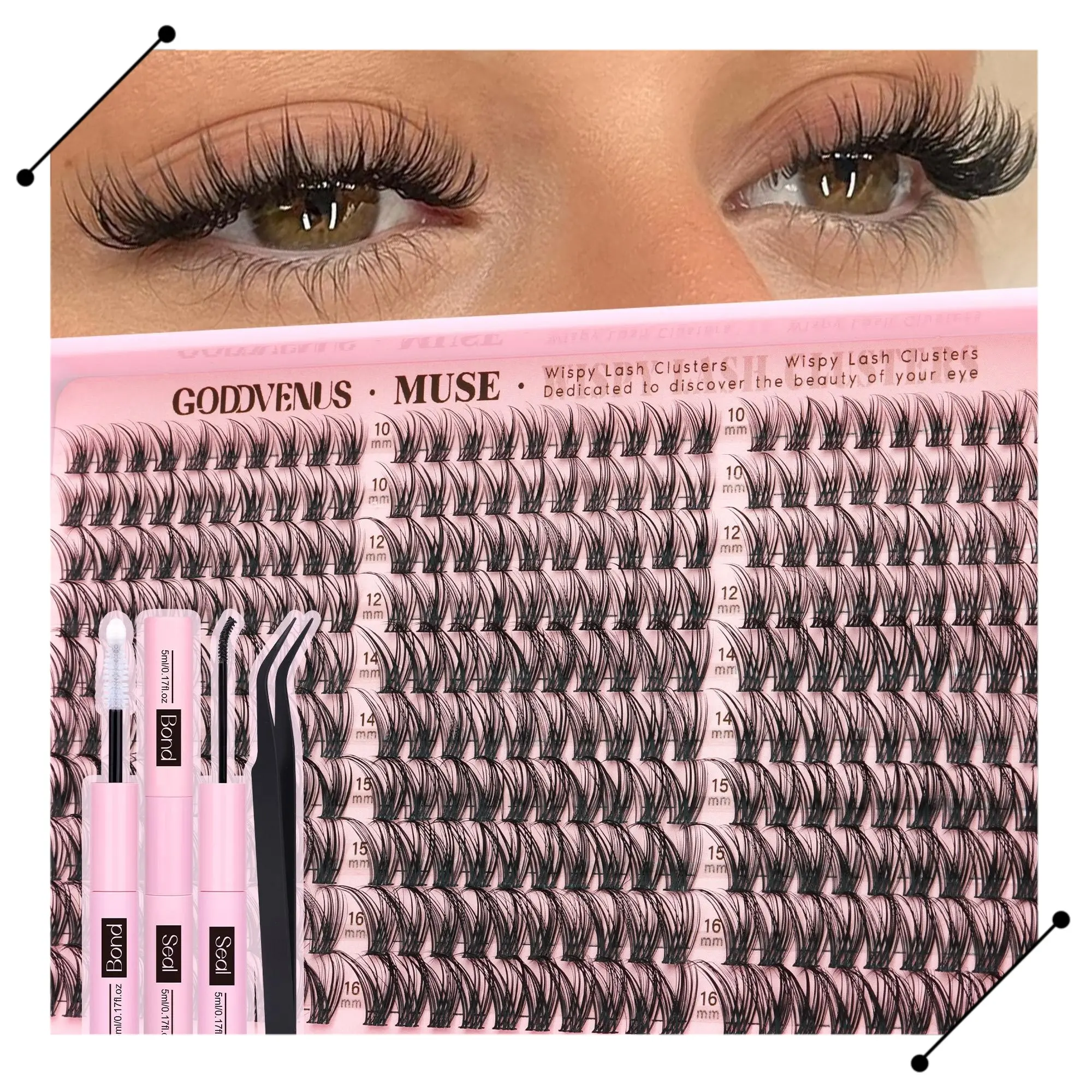 【S】Goddvenus Muse Lash Clusters Kit Wispy Natural DIY Extension Daily Flawless Look 10-16mm for Clean Makeup Lightweight Eyelash Eyelashes Beginner Friendly