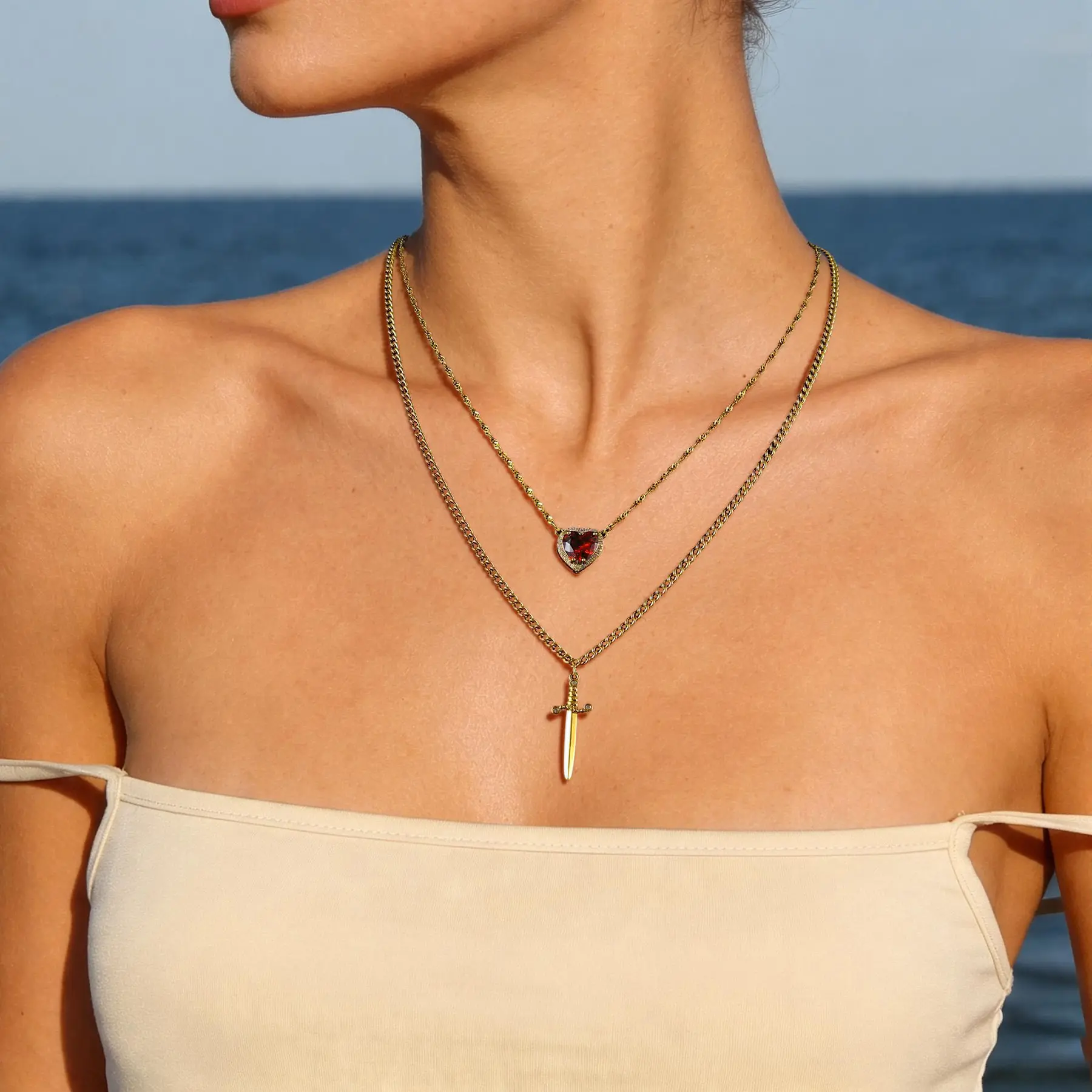 Heart Sword Necklace For Couples Him And Her Gold Silver Stainless Steel Cuban Water Ripple Chain Zirconia Dainty Trendy Matching Sword Through Heart Necklace Set Valentines Day Jewelry Gift