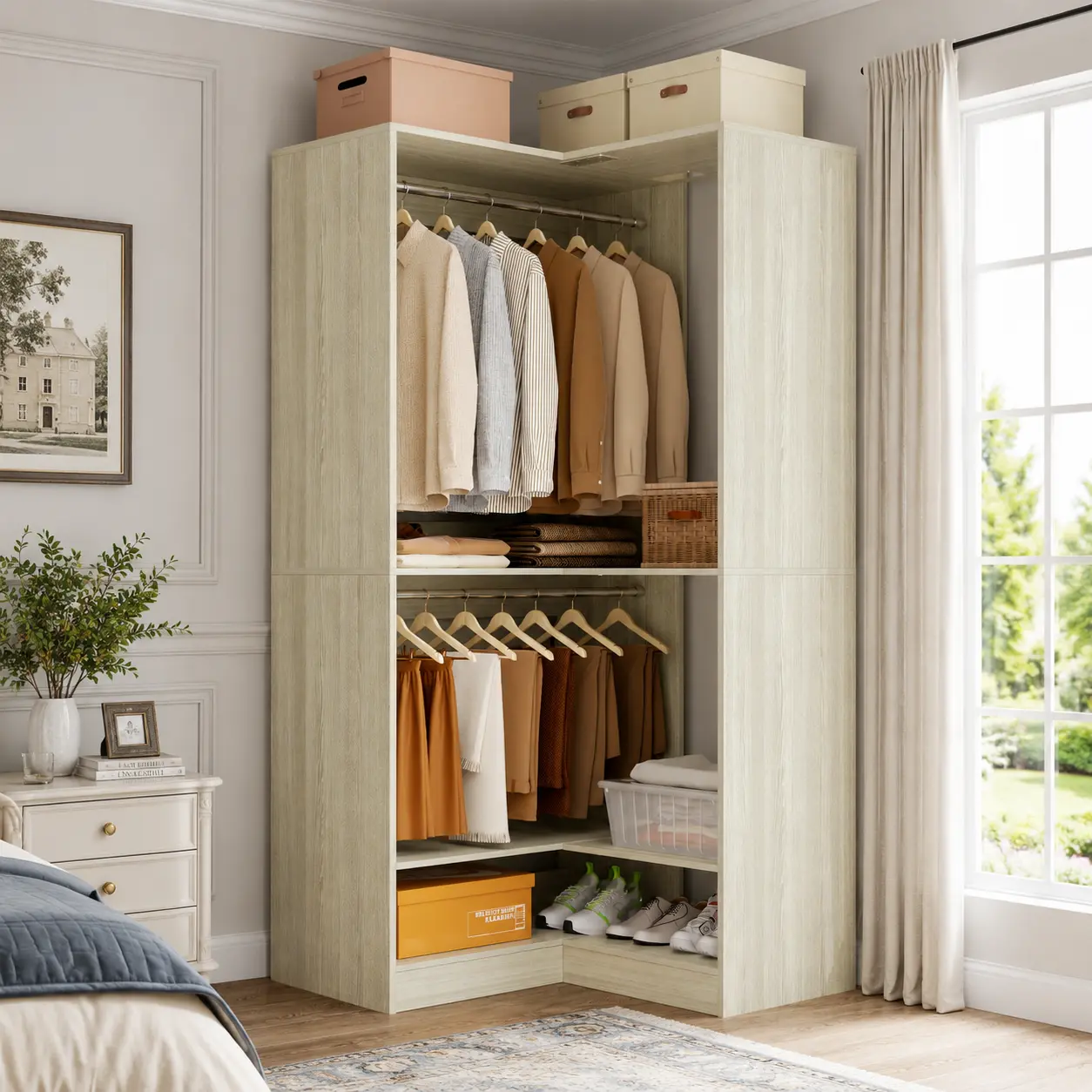 Homieasy Corner Closet Organizer with Shoe Shelf, Closet System Modular with Upper & Lower Hanging Areas, Corner Wardrobe Organizer, Easy Assembly, Anti-Tip Design, Perfect for Bedroom or Walk-In Closet
