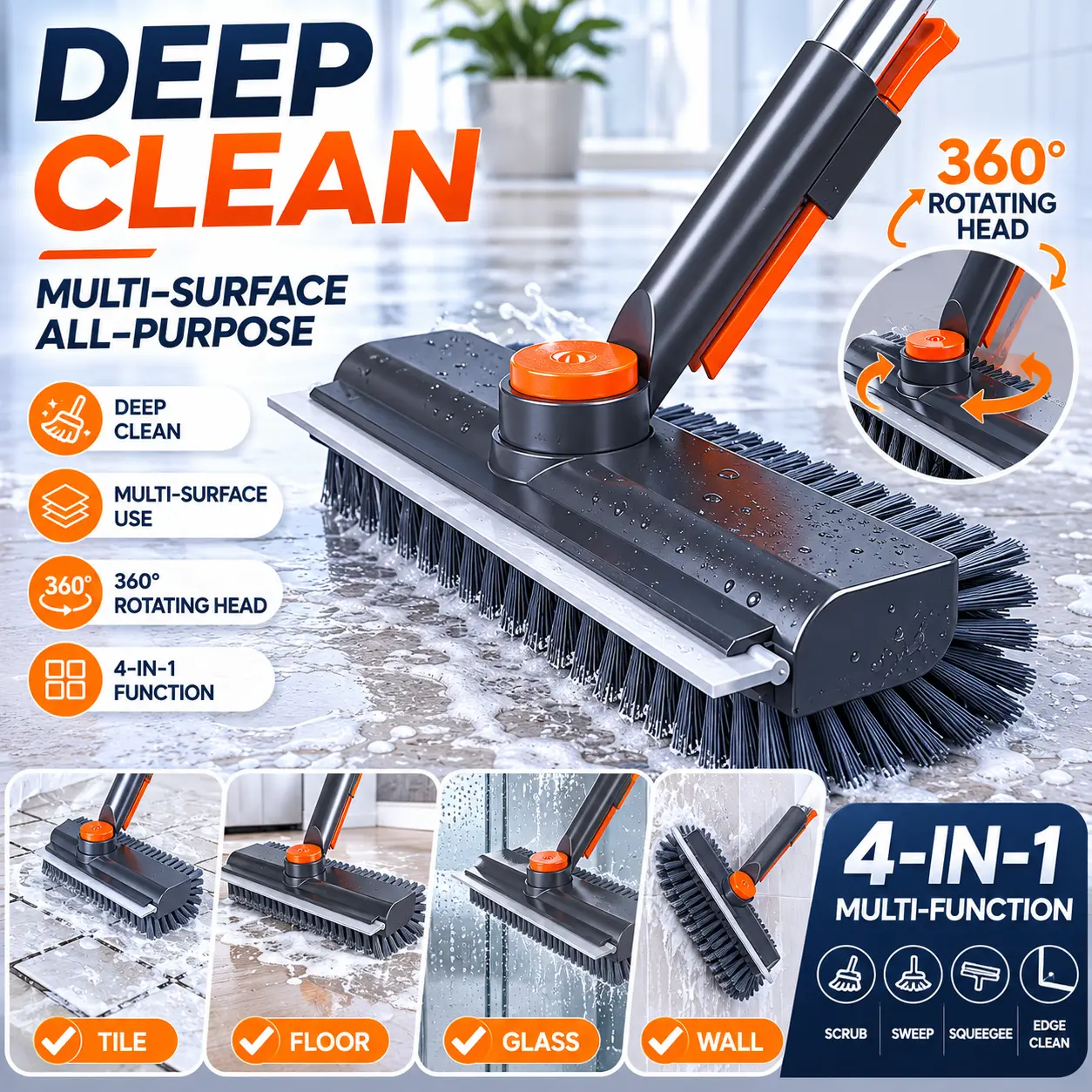4-in-1 Floor Scrub Brush with Adjustable Stainless Steel Telescopic Handle, Lightweight Multi-Brush Squeegee, Rubber Broom, Deep Cleaning Mop & Bucket Set for Home Care Cleaning, Deep Cleaning Mops