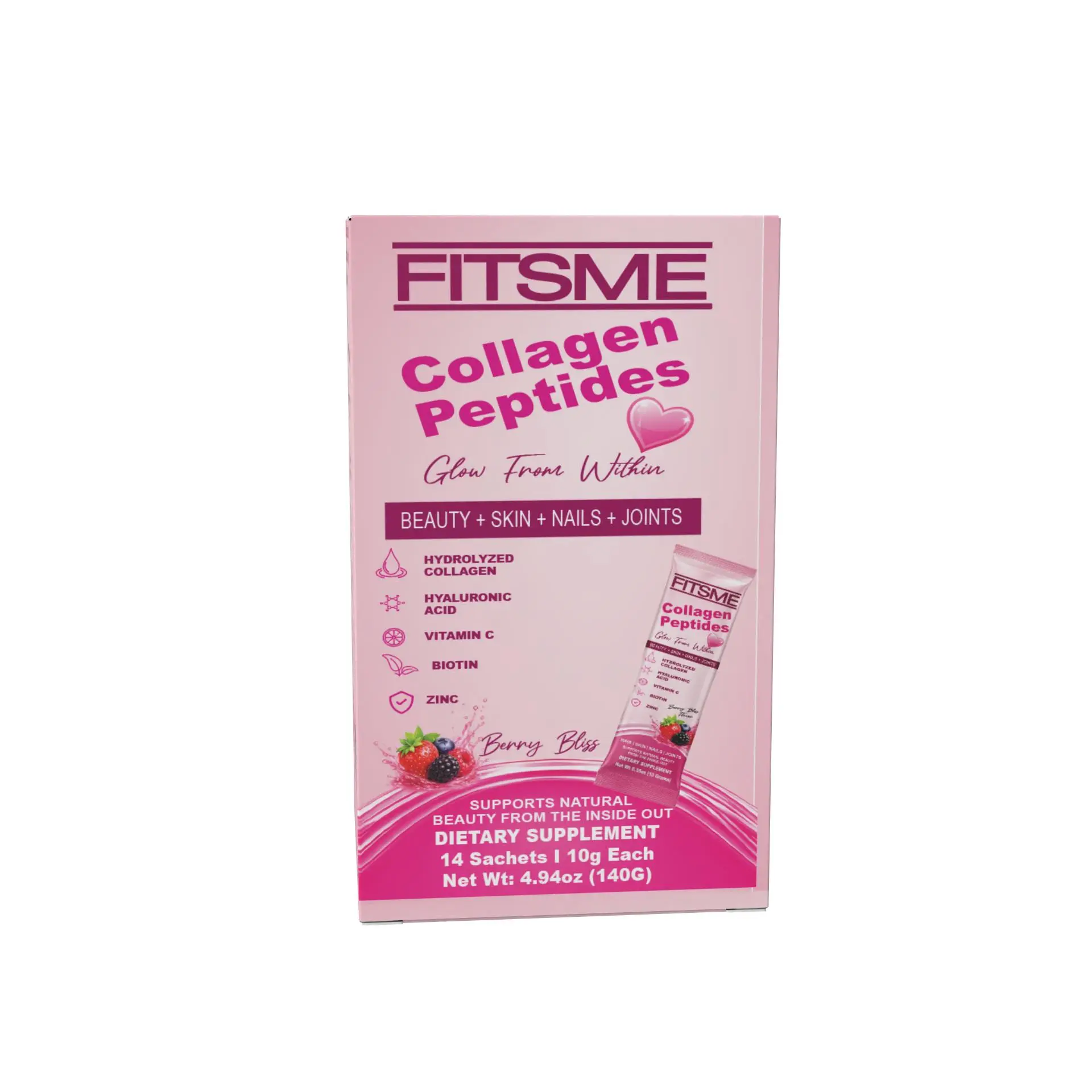 Fitsme Collagen Peptides Beauty Supplement with Biotin, Vitamin, Zinc - Glow from Within, 14 Berry Bliss Sachets