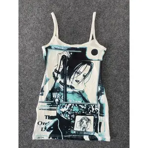 [Retro Anime Top] Retro Anime Graphic Tank Top |   Y2K-Inspired, Sleeveless, V-Neck with Applique Detail, Casual Polyester Blend for Spring/Summer/Fall
