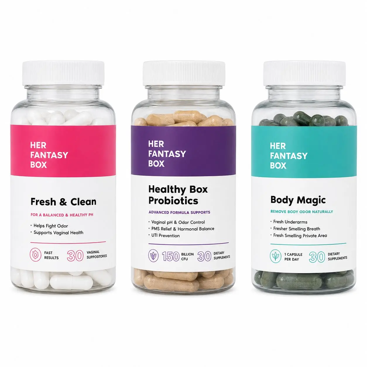 Her Fantasy Box - Ultimate Odor Control & Detox Trio: Chlorophyll, V-Health Probiotics & Boric Acid Suppositories