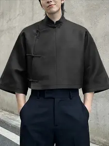 INCERUN Men Shirt Plain Solid Color Stand Collar 3/4 Sleeve Male Tops Streetwear Vintage Loose Chinese Style Casual Men Clothing Menswear