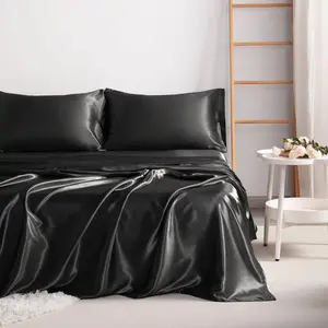 HTA 4-Piece Eco-Friendly Silky Satin Bedding Set - Satin Bed Sheets, Natural Sheen, Breathable, Soft, Skin-Friendly, Frictionless, Ultra-Cool, Hair Protection, Wrinkle Resistant, All Seasons Luxurious Experience