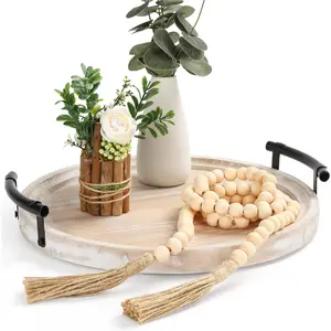 Round  Tray/w  Bead Garland - 13" Decorative Trays for Home Decor - Round Wooden Tray with Handles - Wooden Round Tray for Kitchen Counter.