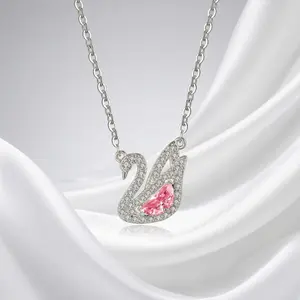 Elegant Swan Jewelry Set - Pink Crystal Teardrop Necklace & Bracelet, Silver Alloy, 30% Silver, Adjustable Chain, Romantic & Feminine Design