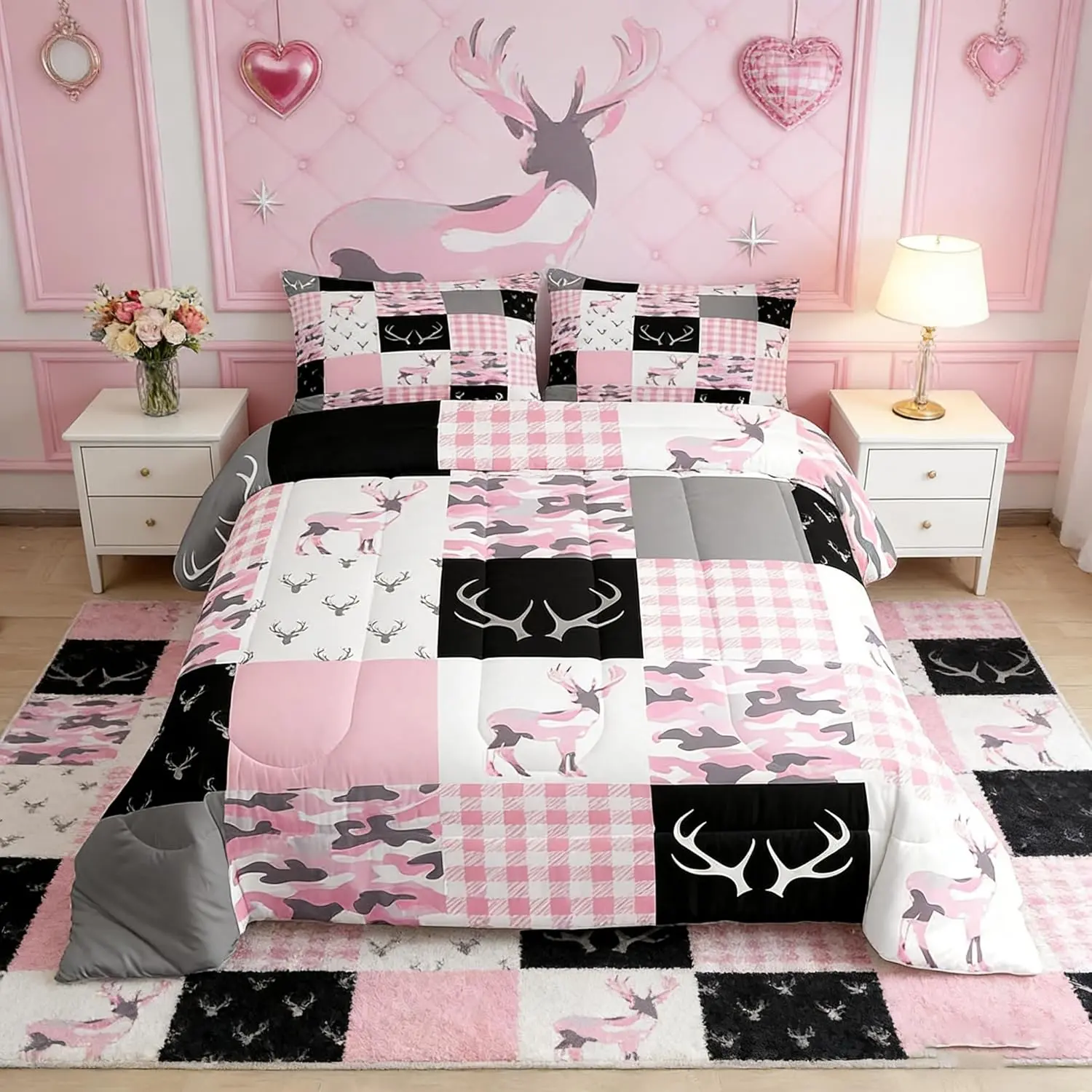 Pink Camouflage Comforter Set,Wild Animal Deer Antlers Print Quilt Set,Pink Black White Grid Plaid Camo Print Bedding Set Room Decor