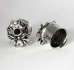 PAIR Gem Body Spider on Web Steel Double Flare Tunnels Plugs Earlet Gauges