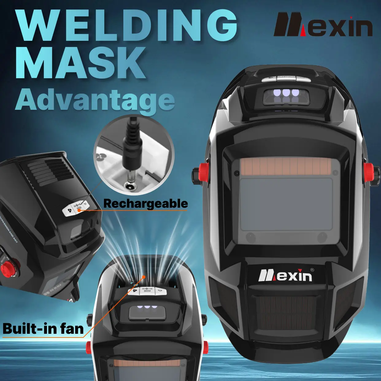 Mexin-LYG-0W7000 Welding Helmet -4 Arc sensor automatic dimming welding helmet - Advanced shadow adjustment, built-in fan, LED light, true color vision - TIG MIG arc welding hood and helmet for use