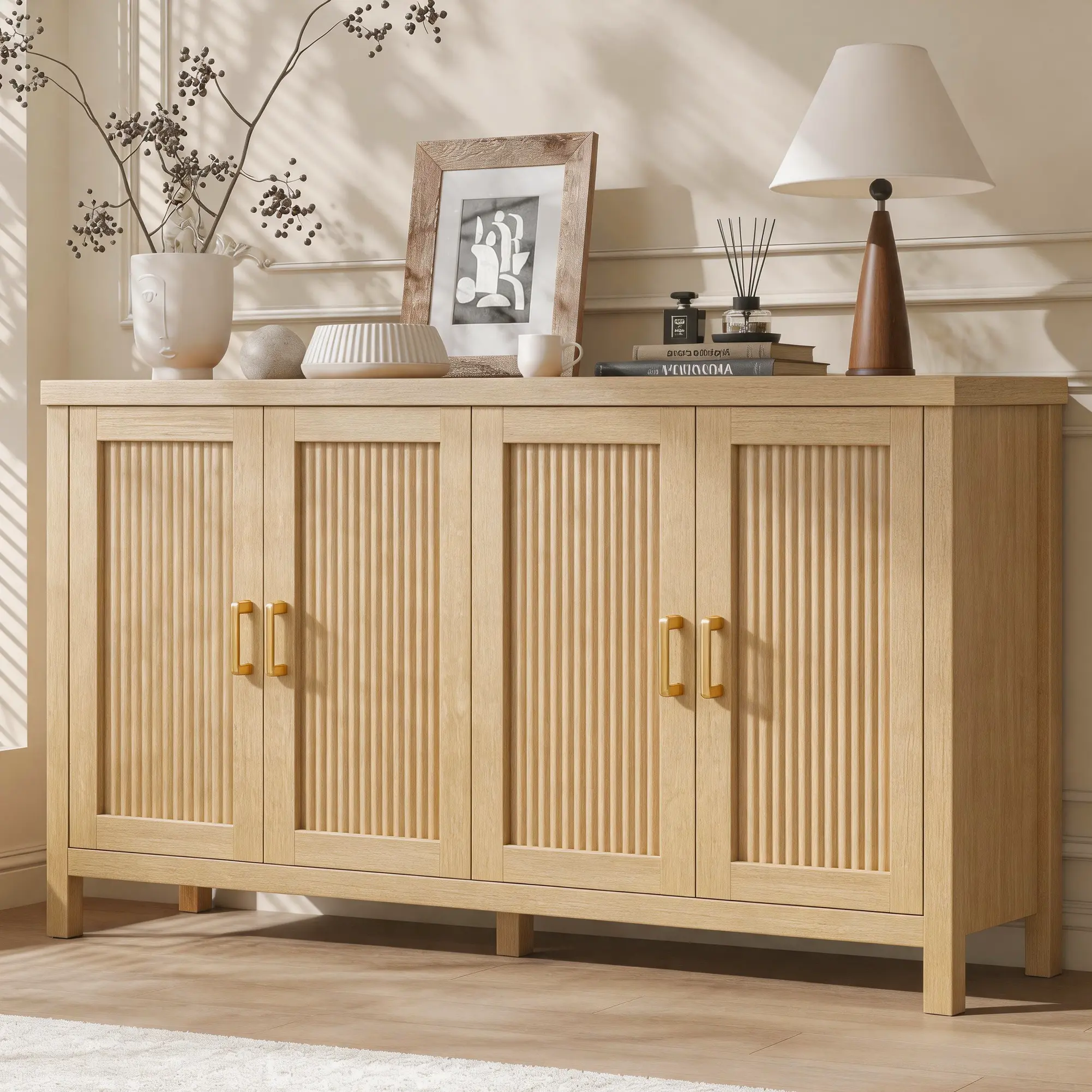 Buffet Sideboard Cabinet with Storage, 55" Fluted Cabinet with Sliding Door & Adjustable Shelf, Modern Accent Coffee Bar Console Table for Kitchen, Entryway, Walnut,dorm essentials,home decor campingessentials