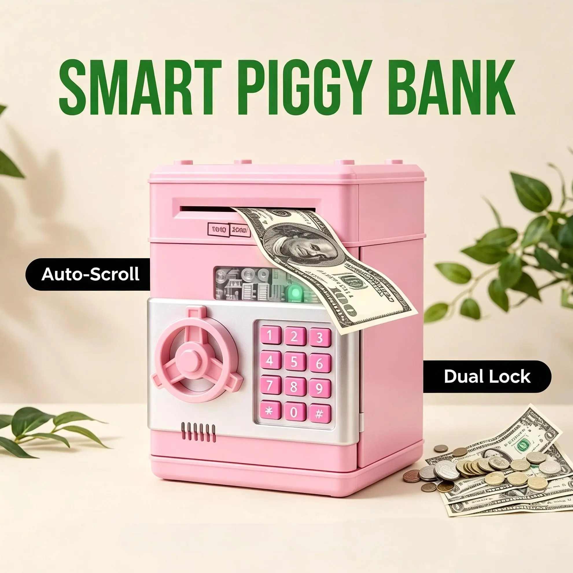 ABS Plastic Mini ATM Piggy Bank for Kids - Code Lock, Lightweight, Secure Door, Auto-Scroll Paper Money & Coin Saving Box, Home Decor Gift for 3+ Boys/Girls