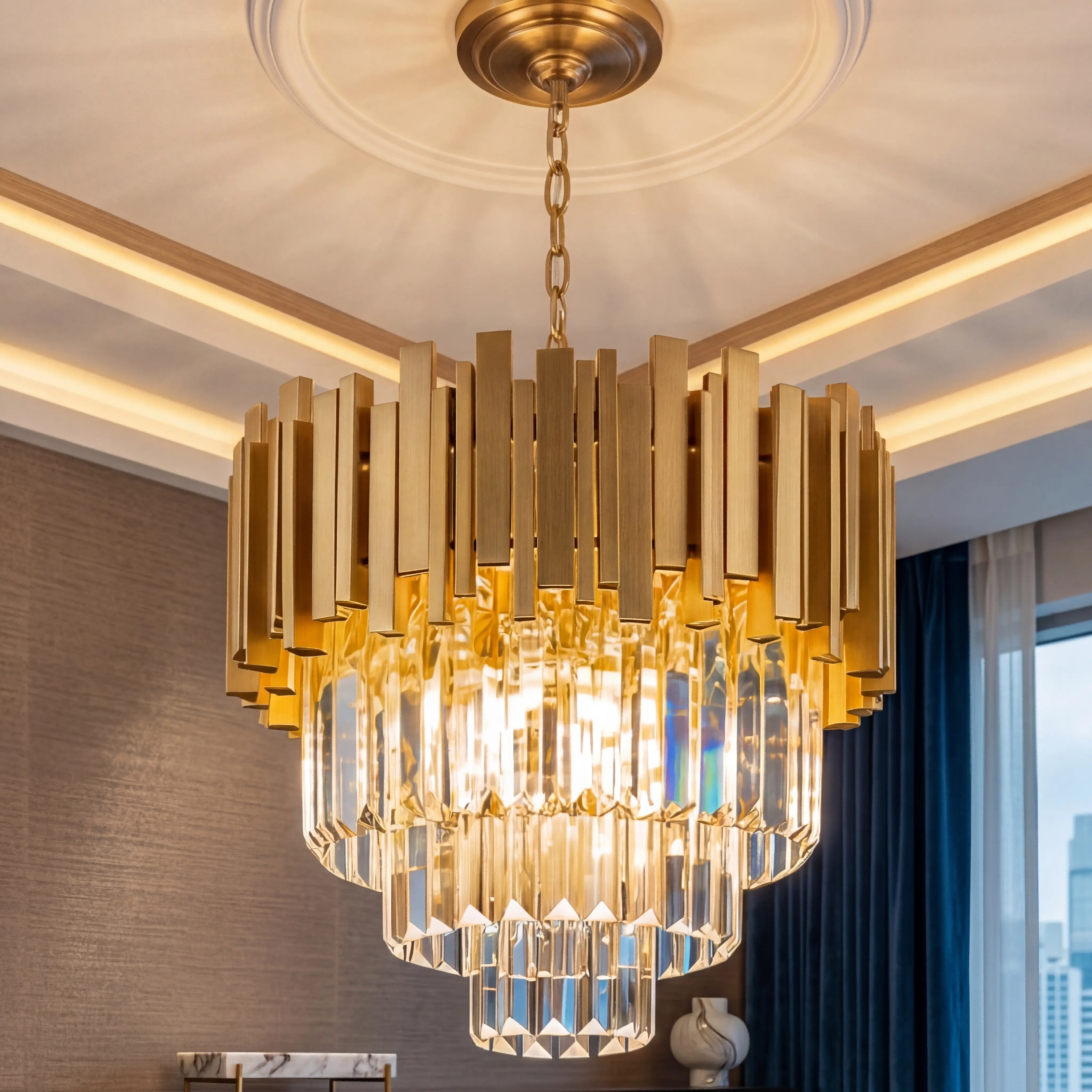 Modern Gold Crystal Chandelier, 3-Tier Raindrop Effect 15.7-Inch Adjustable Round Pendant Light, E12 Base Fixture for Dining Room Living Room Bedroom, Luxury Home Decor, Bulbs Not Included