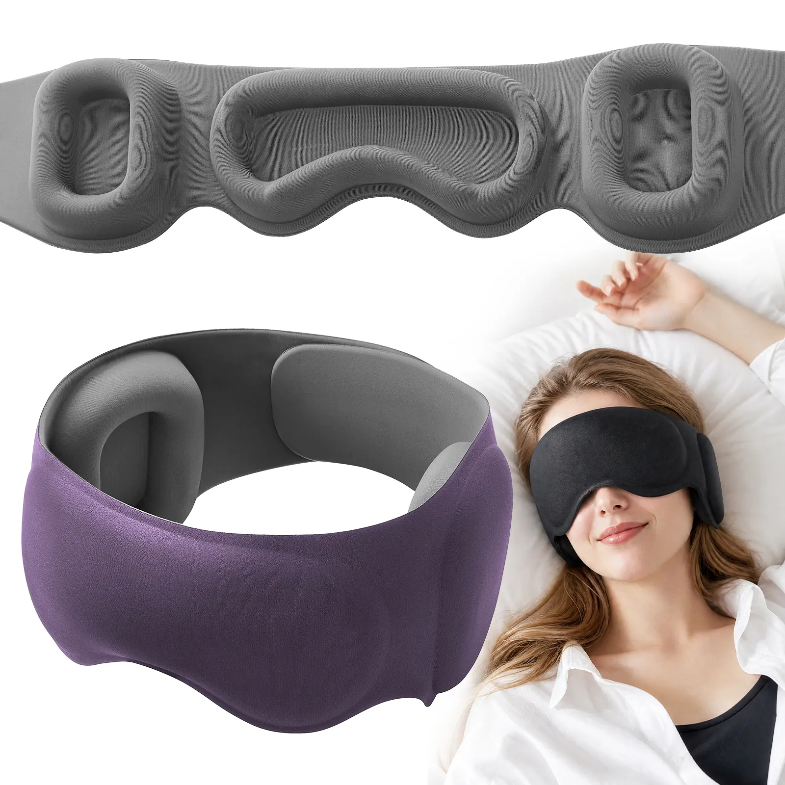 Fismool 3D Lavender Micro Modal Silk Lined Blackout Sleep Mask - Memory Foam Beads, Light Seal Nose Pad, Noise-Blocking for Eyelash Extensions, Side Sleepers, Deep Rest (Travel Use)