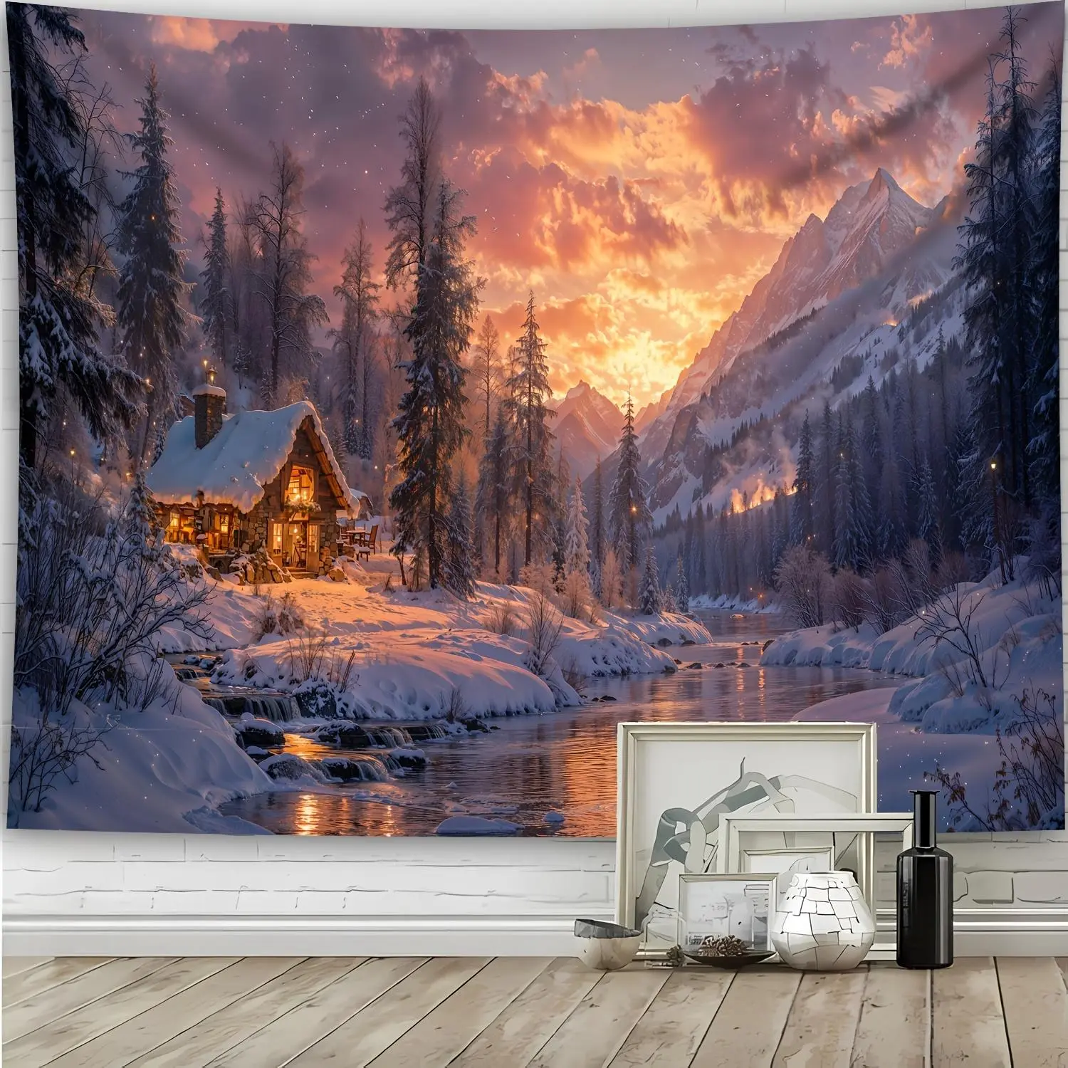 1pc Ultra Large Size Forest Snow Scene Cabin Photo Background Cloth Wall Hanging Large Size Polyester Tapestry for Living Room Bedroom Office Home Room Party Decoration Live Streaming Background Tapestry with Free Hanging Clips
