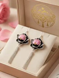 Trending Handmade Miao Embroidery Earrings Vintage Silver Tassel Artisan Ethnic Statement Jewelry Inner Strength Blessings Protection Soft Purple Tones earring stack men's accessories women's jewelry