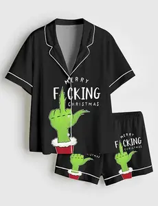 Women’s Merry Grinch Pink Christmas Short Sleeve Satin Pajama Set #PersonalizedPjs #BambooPajamas #MatchingSets #VintageVibe #PajamaCore