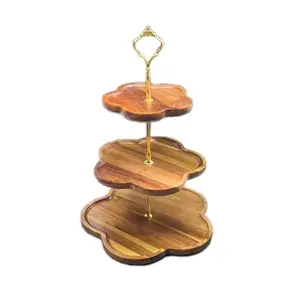 Wooden Two-Layer Three-Dish Flower Cake Stand, Vintage Cupcake Holder, Dessert Display Rack for Parties, Birthdays, Tea Parties, Woody