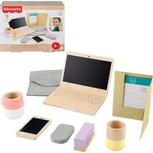 FisherPrice Wood Pretend Play Work from Set, 9Piece Office Playset with Toy Laptop  Phone for Preschool Kids Ages 3+ Years