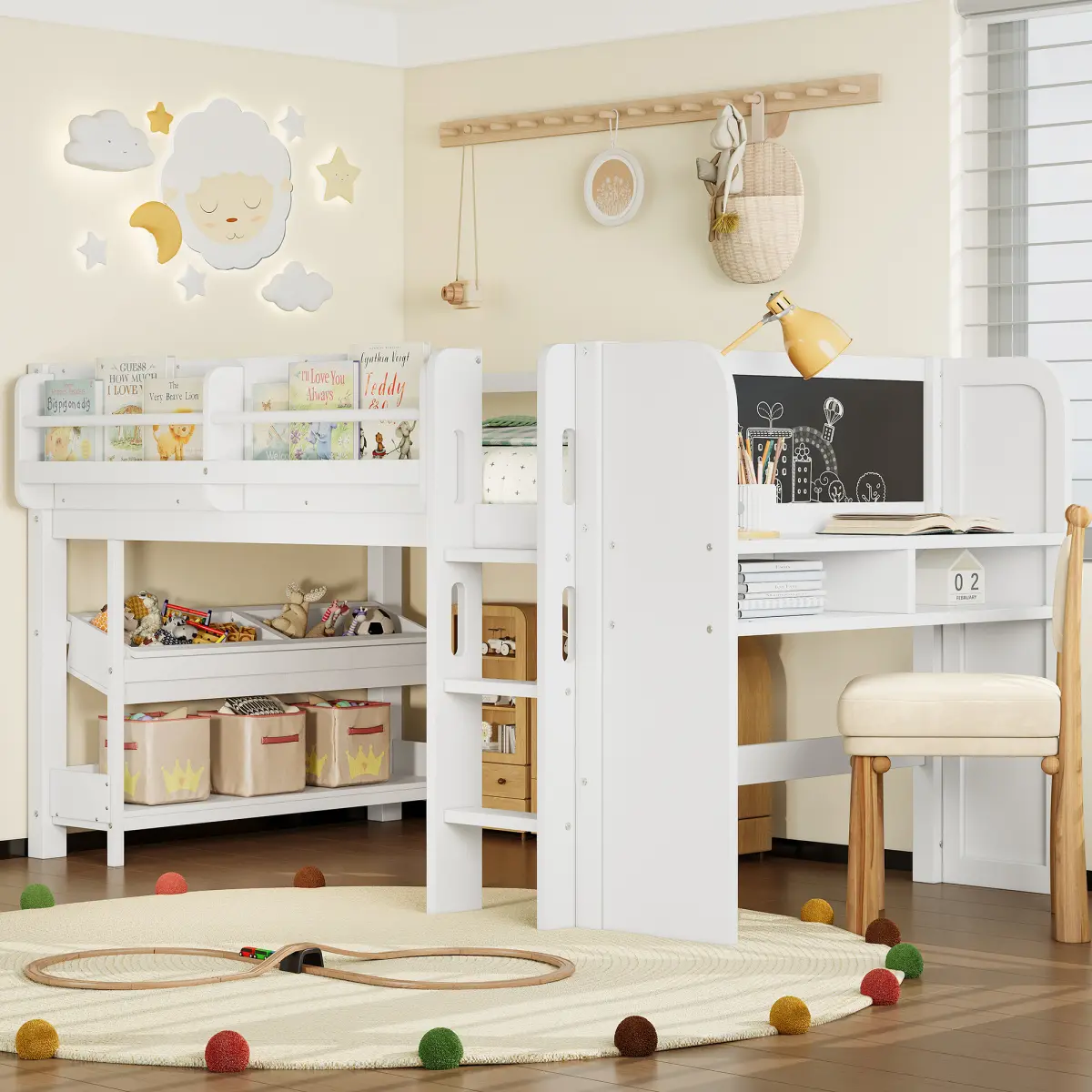 White Twin Solid Wood Low Loft Bed - Sturdy Kids Furniture Bedroom Space-Saving Sleeper, 95.20"l*44.33"w*43.70"h, Floor Design with Bookcases, Boxes, Drawers, Desk, Blackboard, Full Kit, No Box Spring Needed
