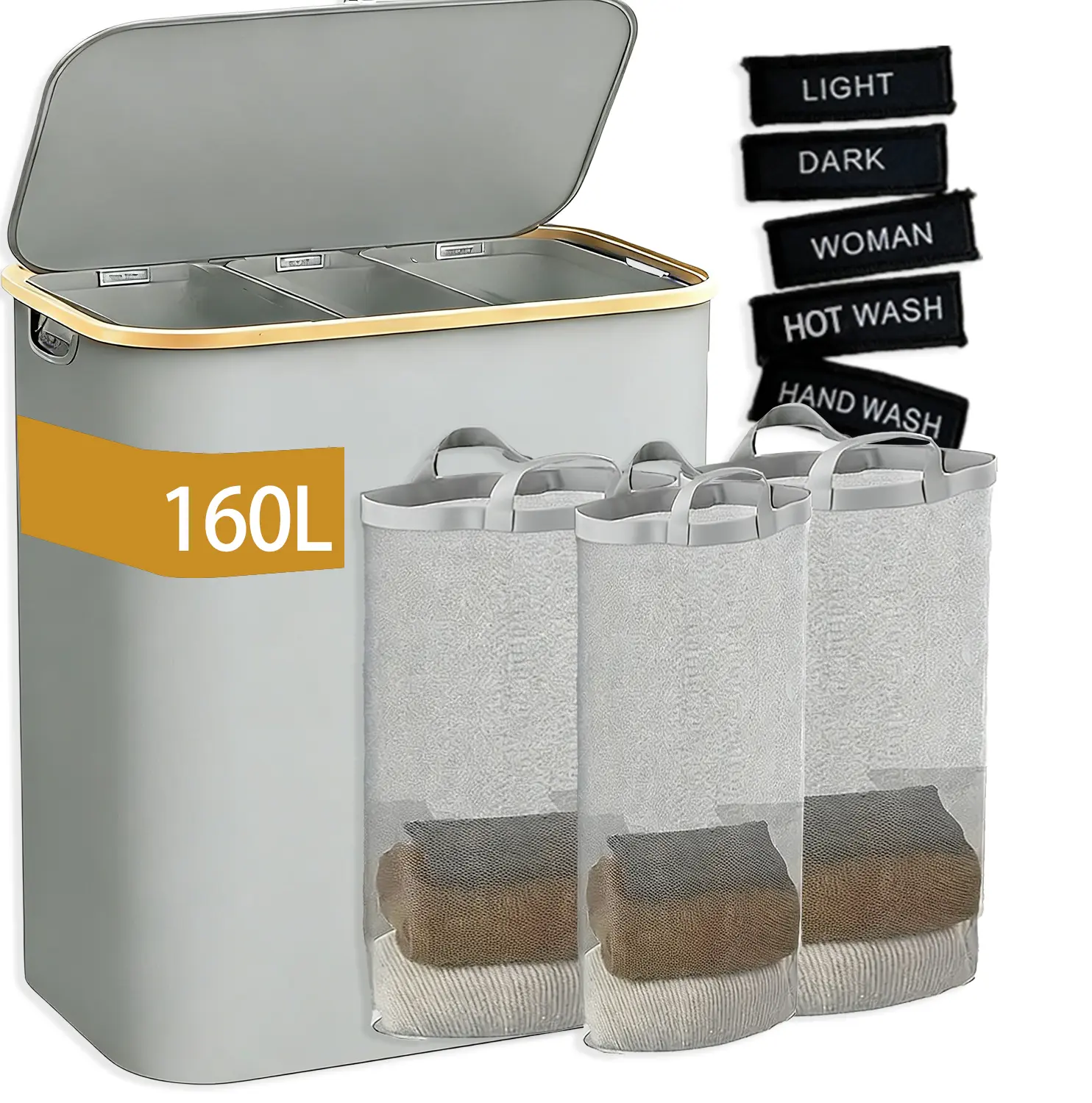 Extra Large Capacity 3-Section Laundry Hamper, 160L with Lid and Sturdy Handle, Home/Laundry Room Storage Organizer for Dirty Clothes