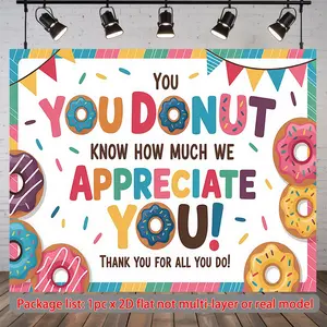 1PC 2D Flat Backdrop, Donut-Themed Thank-You Decorative Banner, Appreciation Party Decoration for Teachers, Photo Background Curtain for Birthday Gatherings, Gratitude Expression Supply