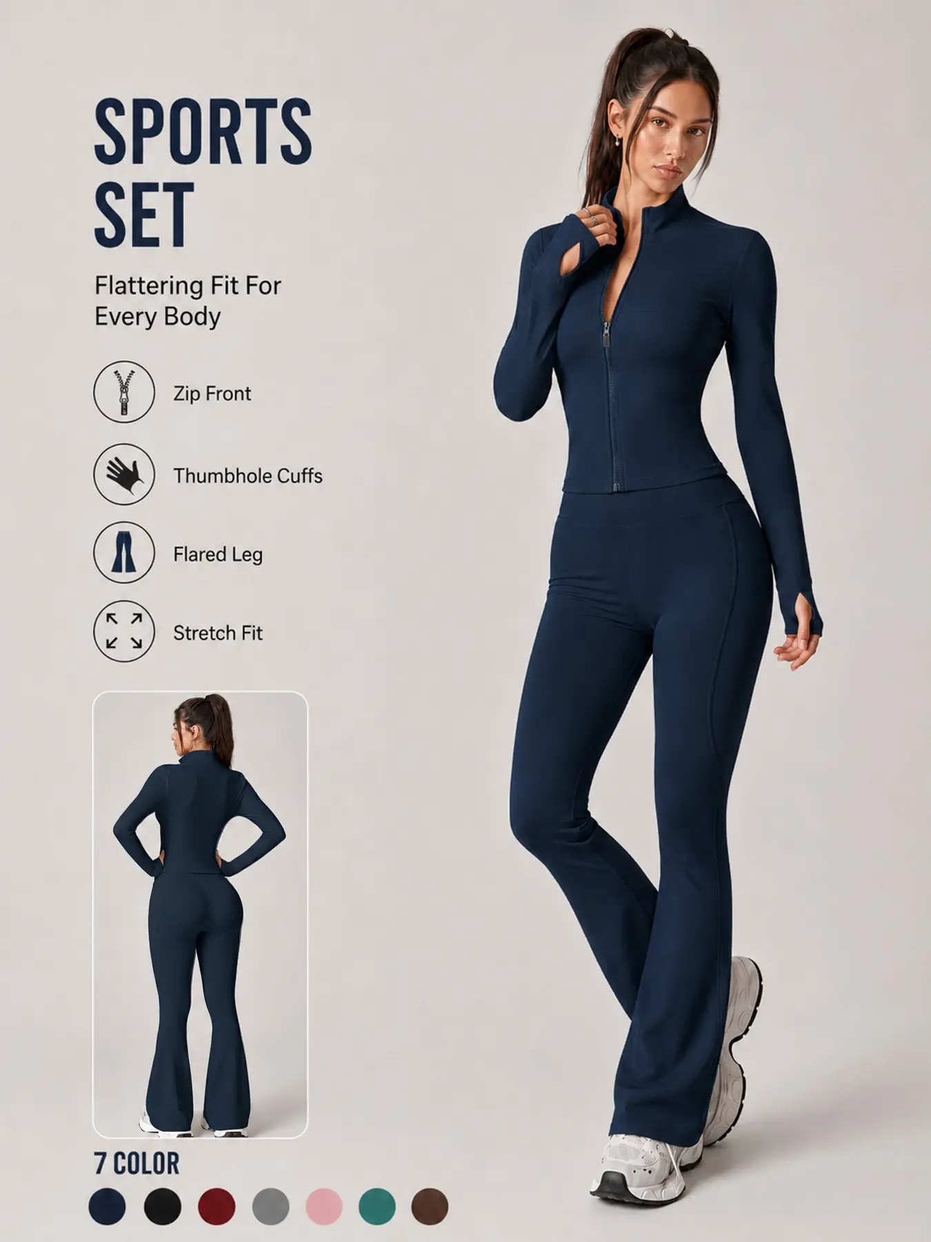 Women's 2 Piece Set, Gym Clothes Set, Sports Tracksuit Long Sleeve Jacket Flare Pants Solid Color Thumb Holes Design Comfortable Breathable High Waist Butt Lifting Gym Yoga Outfits Outdoor Running Daily Outing Activewear Set