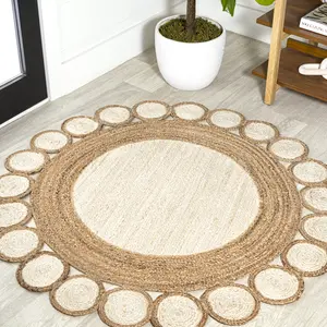 JONATHAN Y Skye Two-Tone Natural Fiber Jute Circle Border Round Area Rug; for Living Room, Kitchen, Bedroom, Dining Room, Office